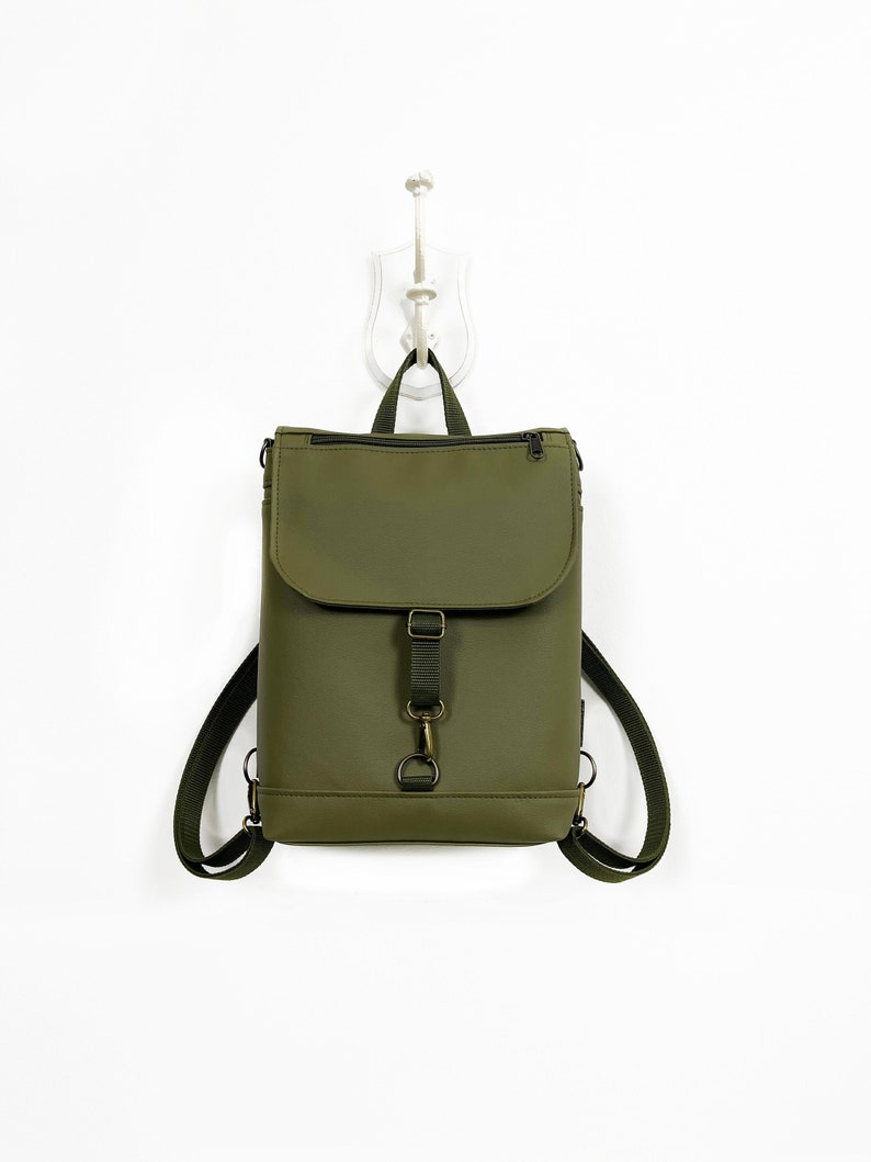 Olive vegan leather backpack many pockets for women, multifunctional medium-sized bag for everyday use image 2