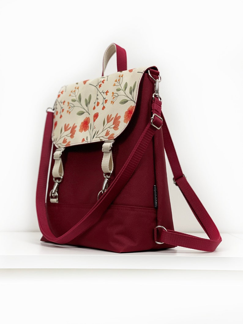 Burgundy Cottagecore Backpack, Floal Convertible Backpack, Women Designer Rucksack, Customizable Women Crossbody Bag, Flower Midi Bag image 8