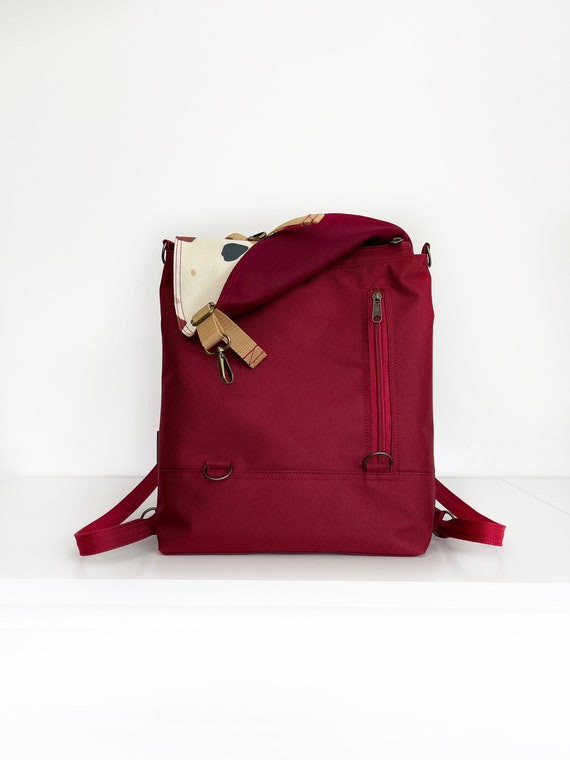 Burgundy Convertible Backpack With Colorful Pebbles Design  display picture 2