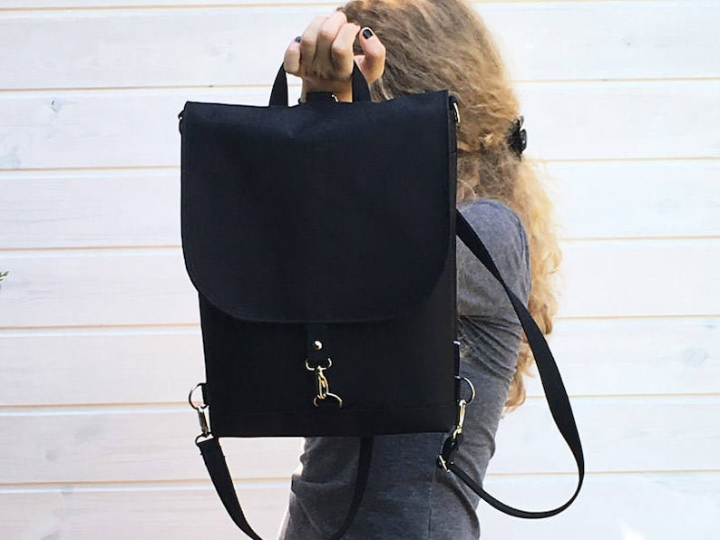 Black Convertible Backpack, Minimalist Cross Body Bag, Women Backpack, Waterproof Laptop Backpack, Women Shoulder Bag, Custom Bag image 2
