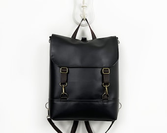 Schwarzer Veganer Lederrucksack, anpassbarer Rucksack, Minimalistische Midi-Umhängetasche, schwarze Wandelbare Schultertasche, Damenrucksack