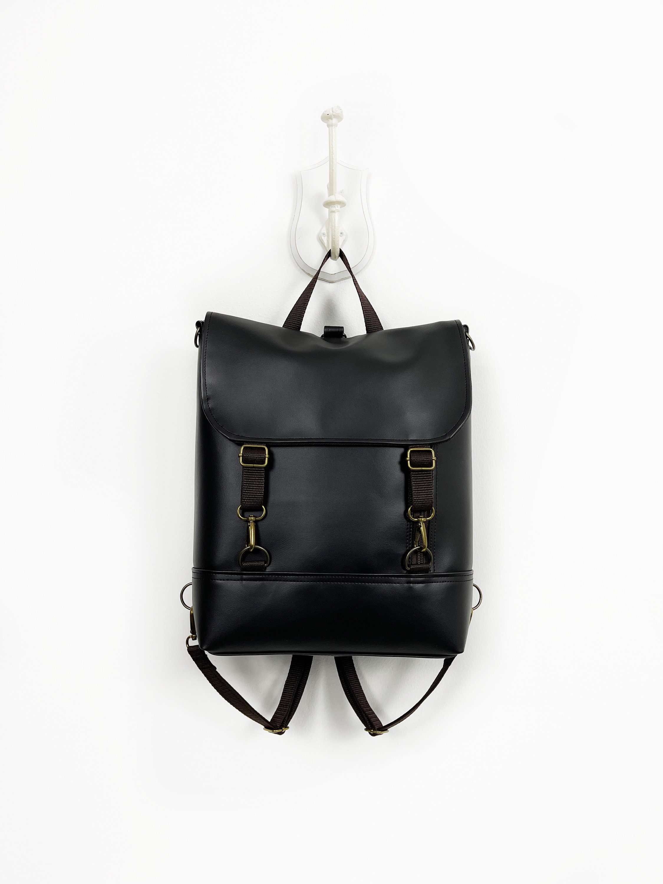 Black Vegan Leather Convertible Backpack: Minimalist 