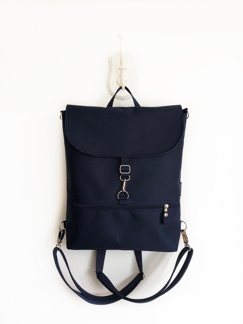 Convertible Backpack, Vegan Women Backpack, Waterproof Cross Body Bag, Minimalist Shoulder Bag, Navy Functional Backpack image 1