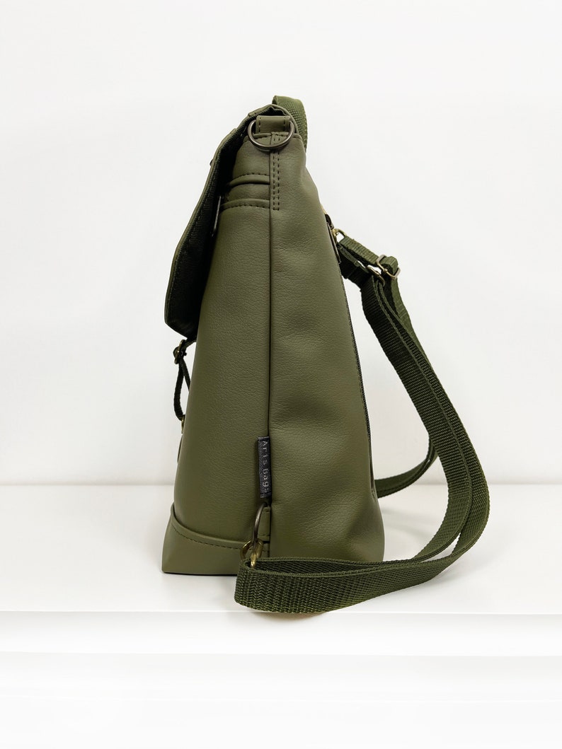 Olive vegan leather backpack many pockets for women, multifunctional medium-sized bag for everyday use image 6