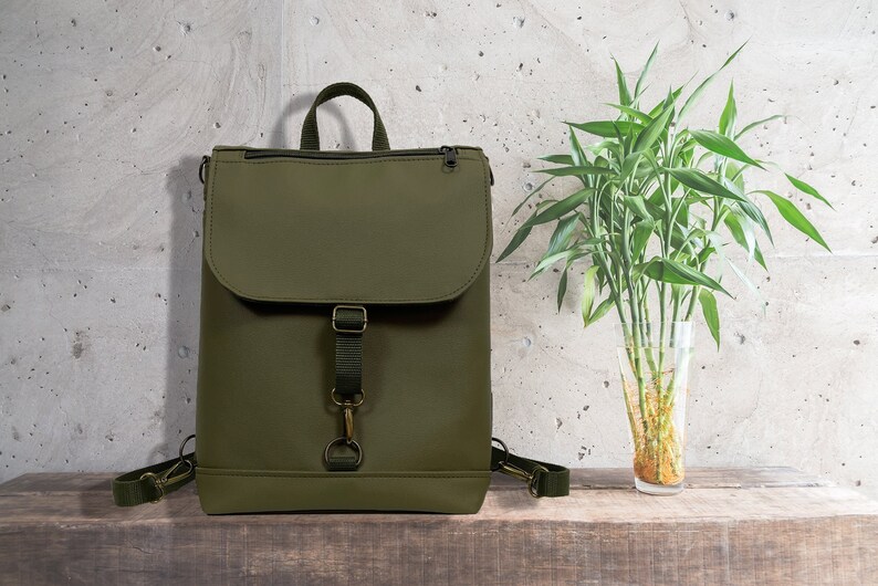 Olive vegan leather backpack many pockets for women, multifunctional medium-sized bag for everyday use image 1