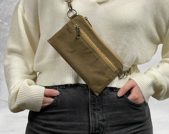 Small Waxed Canvas Fanny Pack for Women and Men. Vegan Belt Bag for travel, and shopping in two sizes. Modern and Minimalist Flat Hip Bag.