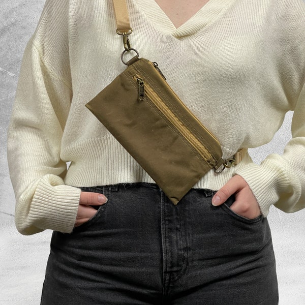 Small Waxed Canvas Fanny Pack for Women and Men. Vegan Belt Bag for travel, and shopping in two sizes. Modern and Minimalist Flat Hip Bag.