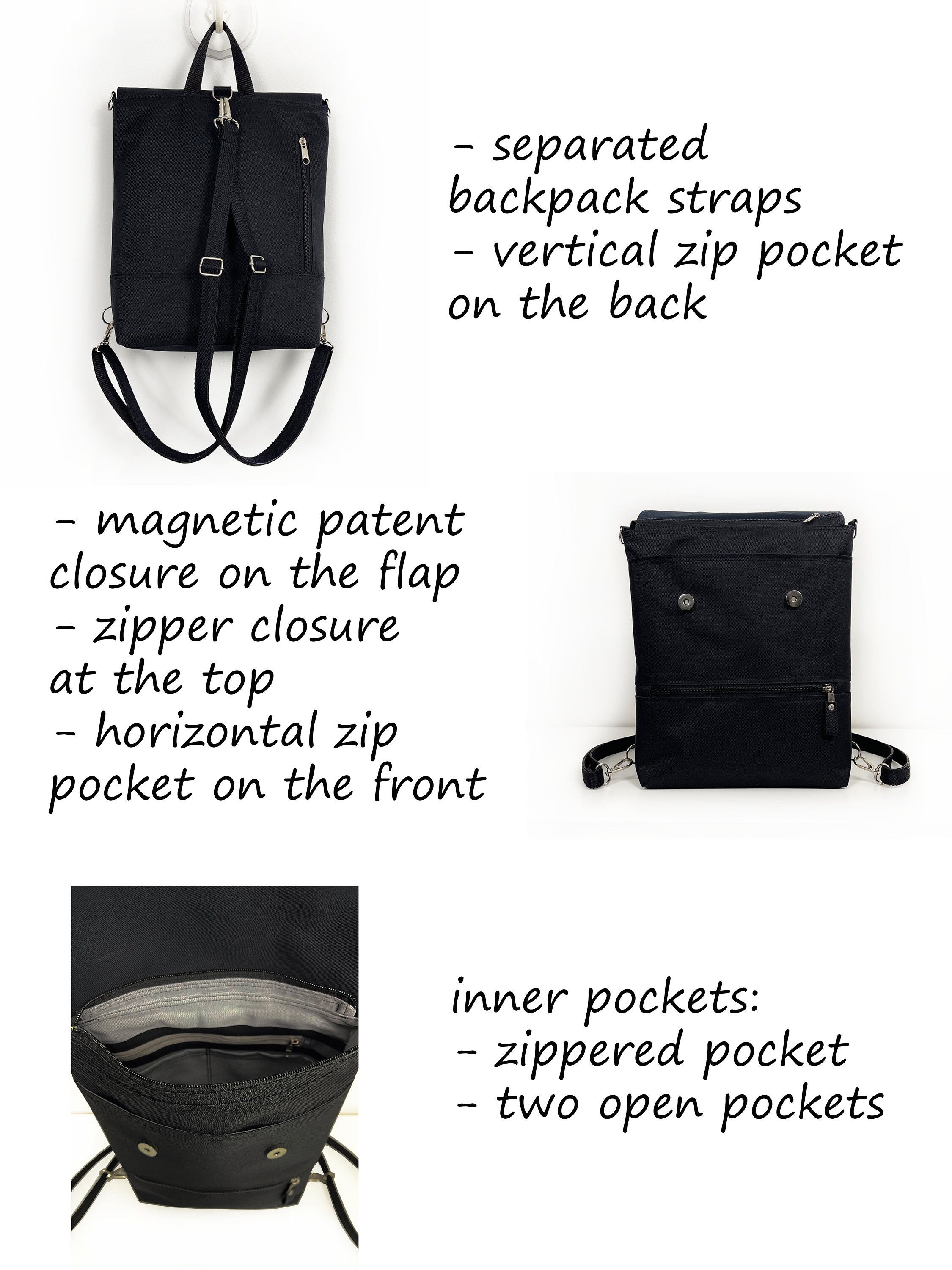 Black Waterproof Convertible Backpack: Minimalist Rucksack 