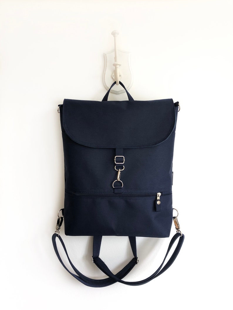 Convertible Backpack, Vegan Women Backpack, Waterproof Cross Body Bag, Minimalist Shoulder Bag, Navy Functional Backpack image 5