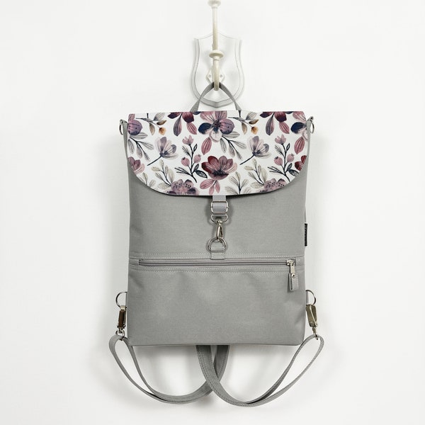 Floral Bohemian Convertible Backpack, Vegan Boho Women Backpack, Waterproof Cross Body Bag, Grey Pink Functional Backpack, Laptop Bag