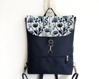 Bohemian Convertible Backpack, Vegan Women Backpack, Waterproof Cross Body Bag, Navy Blue Shoulder Bag, Navy Functional Backpack