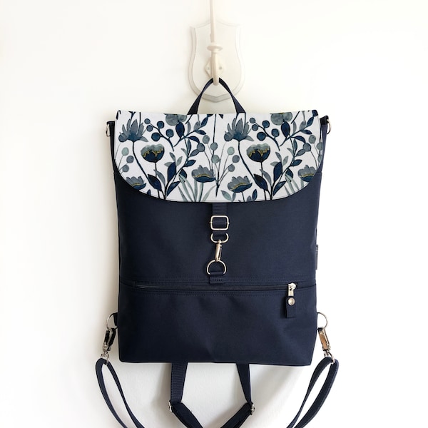 Bohemian Convertible Backpack, Vegan Women Backpack, Waterproof Cross Body Bag, Navy Blue Shoulder Bag, Navy Functional Backpack