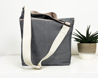 Denim Canvas Messenger Crossbody Bag and Detachable Purse, Organic Canvas Diaper Bag for New Mom, Mothers Day Gift, Baby Shower Gift