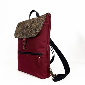 Burgundy Convertible Backpack with Mandala Flap, Women vegan laptop bag, Nature back to school day laptop pack, Customizable Bag in 4 size image 3