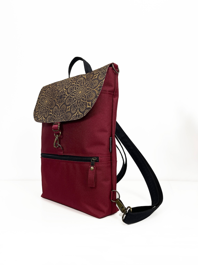 Burgundy Convertible Backpack with Mandala Flap, Women vegan laptop bag, Nature back to school day laptop pack, Customizable Bag in 4 size image 3