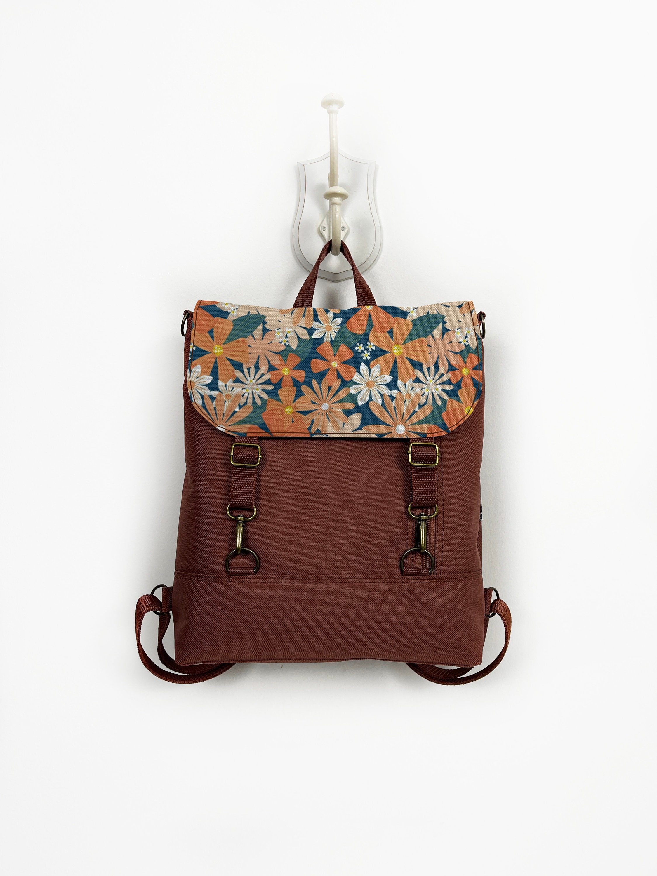 Convertible Backpack With Flowers Vegan Designer Rucksack Customizable Women Crossbody Bag Rust Brown Backpack Midi Bag Etsy Ireland