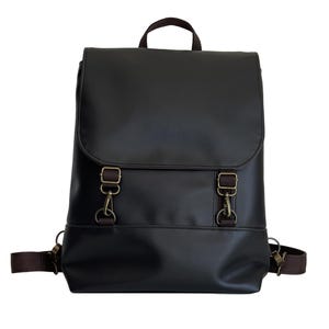 Black Vegan Leather Backpack, Customizable Rucksack, Minimalist Midi Crossbody Bag, Black Convertible Shoulder Bag, Women Backpack
