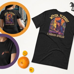 Può includere: T-shirt grigio scuro con una grafica colorata di una strega al computer, con la scritta "Witch, Please! I Debug Spells!". Un'altra maglietta mostra una bacchetta magica e l'hashtag #HEX. Abbigliamento a tema Halloween.