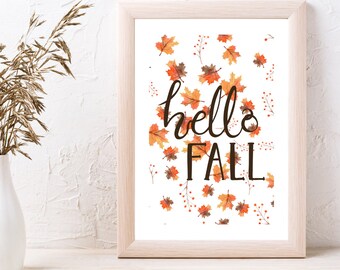 Hello Fall - Fall Decor - Autumn Art - Leaves A4 Print