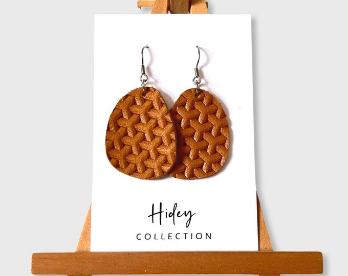 Leather Pebble Earrings Tan Brown Weave with Stainless Steel Hooks