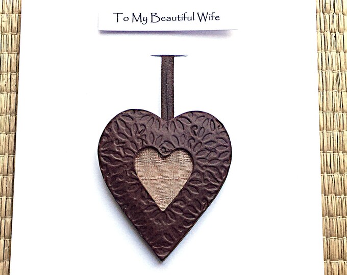 12th Wedding Anniversary Card Silk Anniversary Hand Tooled Leather Heart Gift - Husband Wife Him Her