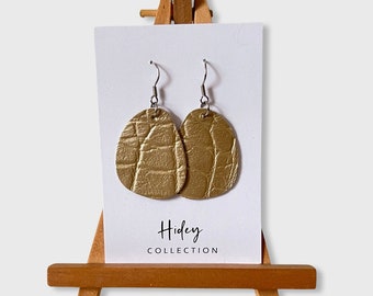 Leather Pebble Earrings Metallic Gold with Stainless Steel Hooks