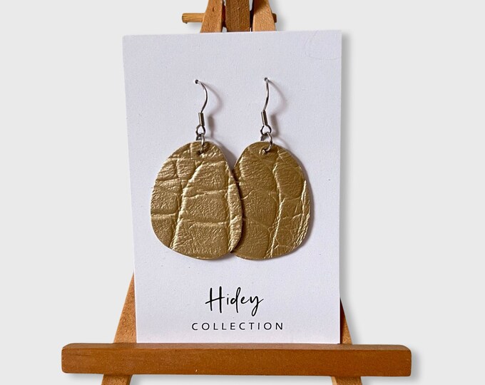 Leather Pebble Earrings Metallic Gold with Stainless Steel Hooks
