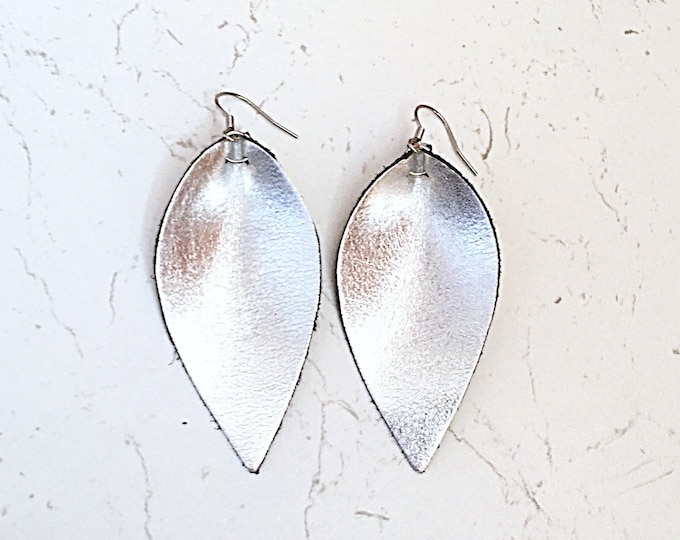 Leather Earrings Metallic Silver Petal Leaf Teardrop Mother's Day Gift