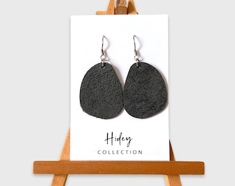 Leather Pebble Earrings Distressed Charcoal with Stainless Steel Hooks