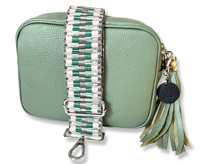 Mint Green Leather Bag Crossbody Personalised Camera Bag Green Pink Wide Canvas Strap and Leather Tag