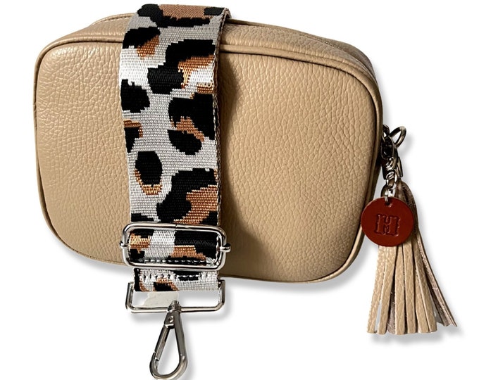 Beige Leather Bag Crossbody Personalised Camera Bag Cheetah Wide Canvas Strap and Leather Tag
