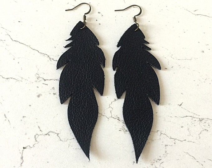 4" Leather Leaf Earrings Black Italian Leather Drop Earring