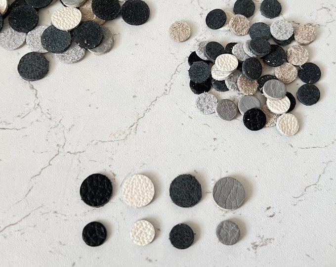 8mm, 10mm Leather Circles 48 pcs Disc Shapes Black Soft White Charcoal Light Grey