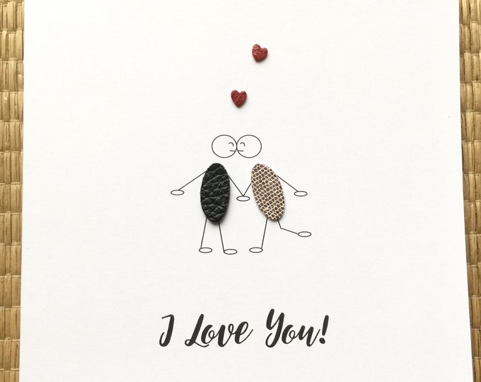 Valentines Day Card Anniversary Card Leather Little People Cork Faux Vegan Leather Love Card