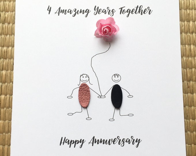 4th Wedding Anniversary Card Flower Anniversary Card Husband Wife Him Her Stick Figures Couple