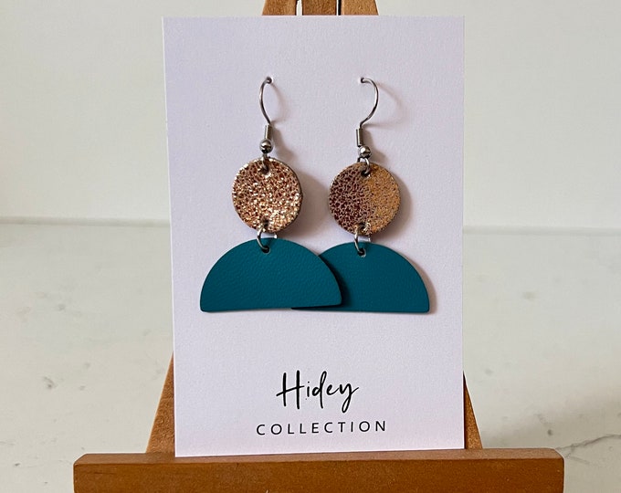 Leather Earrings Half Moon Dark Teal, Fuchsia, Green Stainless Steel Hooks
