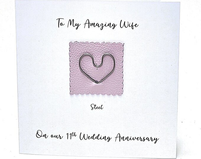 11th Wedding Anniversary Card Steel Heart Leather Steel Anniversary 11th Anniversary Husband Wife Him Her