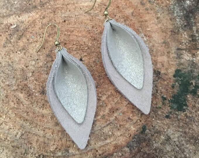 Leather Earrings Pinched Petal Leaf Teardrop Double Layered Silver Grey Suede Stacked Statement Earrings