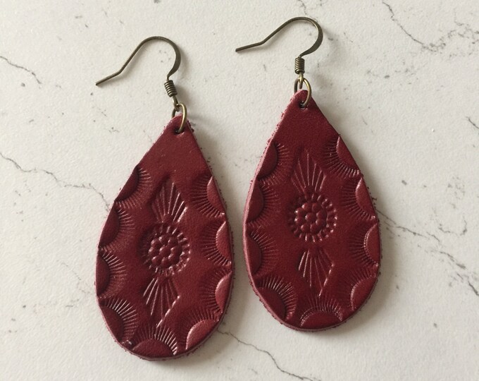 Hand Tooled Leather Earrings Oxblood Red Italian Tooling Leather Boho