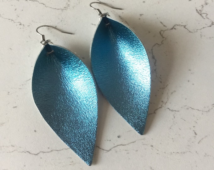Leather Earrings Metallic Blue Petal Leaf Mothers Day Gift Teardrop Fashion Statement Earrings Boho