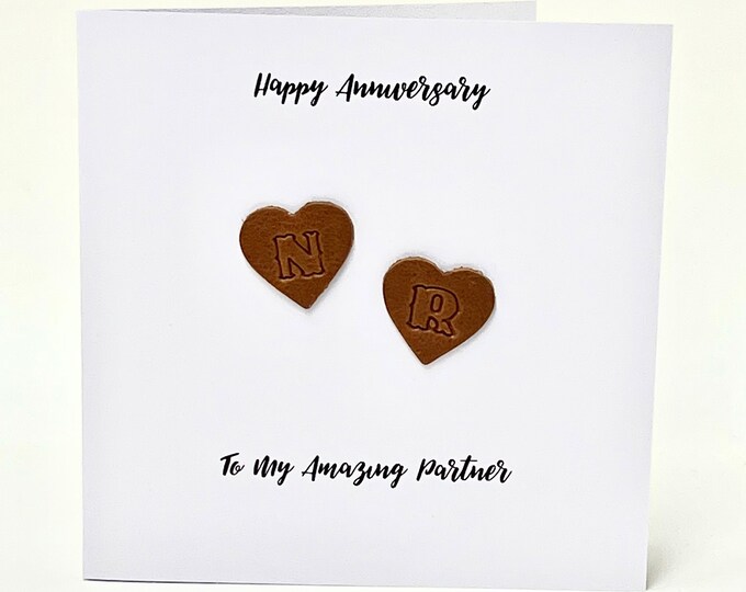 Personalised Anniversary Card Partner Wedding Anniversary Card Brown Leather Hearts