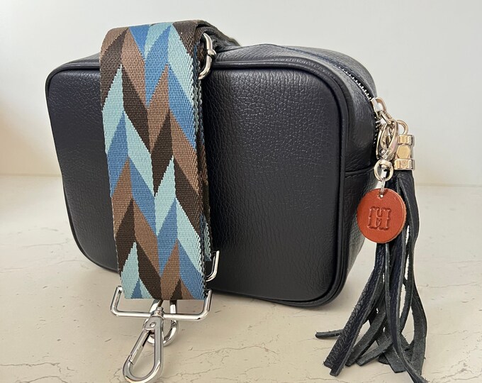 Navy Blue Leather Bag Crossbody Personalised Camera Bag Wide Canvas Strap and Leather Tag