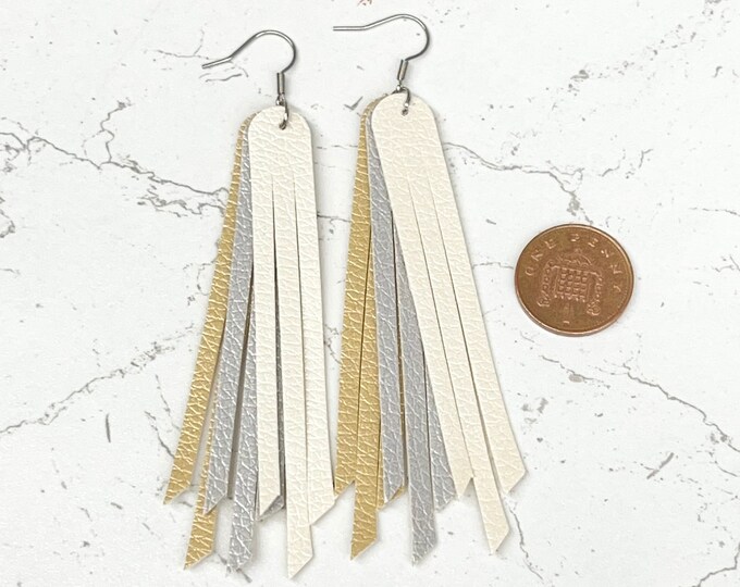 Vegan Leather Fringe Earrings Tri-Colour 100mm Faux Leather Drop Earring