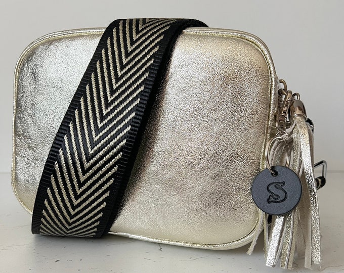 Personalised Gold Leather Bag Crossbody Camera Bag Black Gold Wide Canvas Strap and Leather Tag