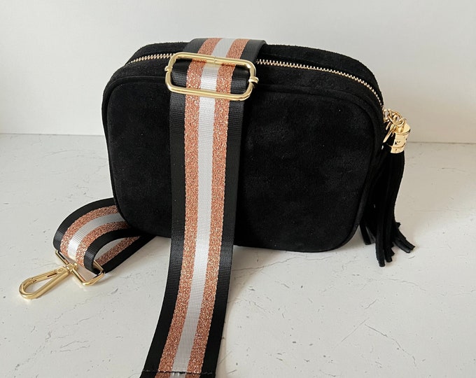 Black Suede Bag Crossbody Gold Hardware Suede Camera Bag Wide Canvas Strap