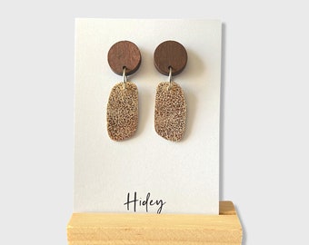 Leather Pebble Earrings Distressed Metallic Rose with Wood Disc
