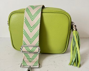 Lime Green Leather Bag Crossbody Camera Bag Chevron Print Wide Canvas Strap