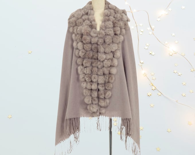 Woman's 100% Wool Shawl Wrap with Fur Pom Poms
