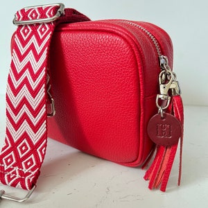 Personalised Red Leather Bag Crossbody Camera Bag Red White Wide Canvas Strap and Leather Tag Etsy
