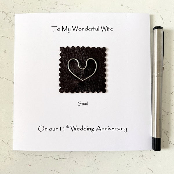 11th Wedding Anniversary Card Steel Heart Leather Steel Anniversary Fancy Handmade Cards made in UK 11th Anniversary Husband Wife Him Her